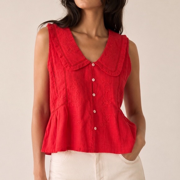 Jennifer & Grace Tops - Jennifer & Grace Cotton Embroidered Peter Pan Collar Sleevless Blouse Top Mediun